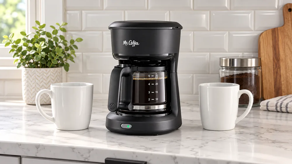 The Mr. Coffee 5-Cup Mini Brew Switch with its glass carafe filled to the ounce markings beside two 12-ounce mugs on a small apartment counter