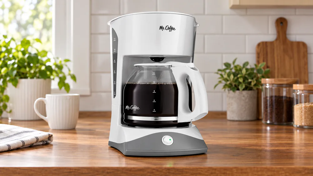 The white Mr. Coffee Simple Brew 12-Cup Switch Coffee Maker SK12-RB on a countertop with its glass carafe in place and the lit switch visible