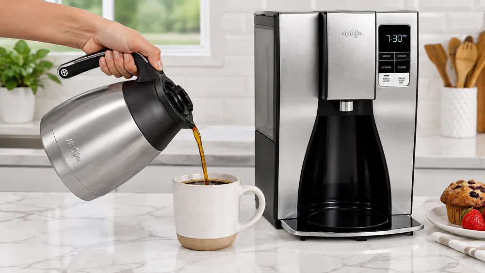 A hand pouring coffee from the double-wall stainless thermal carafe of the Mr. Coffee 10-Cup Thermal Programmable Coffee Maker into a ceramic mug