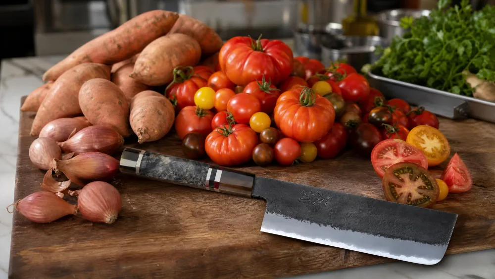 A test kitchen cutting board piled with tomatoes, sweet potatoes, and shallots beside a nakiri mid-push-cut.
