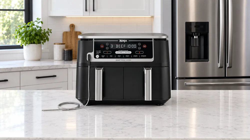 Black Ninja Foodi DualZone DZ550 with silver trim on a kitchen counter beside a stainless steel refrigerator