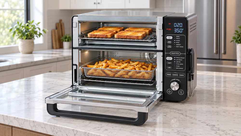 A Ninja DCT451 Smart Double Oven with its FlexDoor open, toast on the top rack and golden fries in the lower air fry oven
