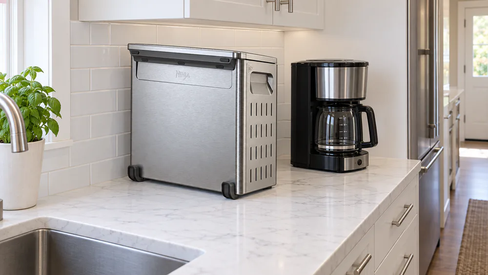 A Ninja SP151 Flip oven folded upright against a tile backsplash in a narrow galley kitchen beside a coffee maker