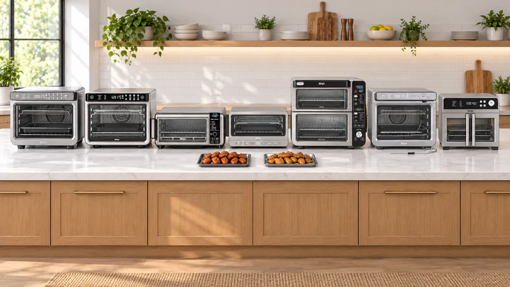 Seven Ninja countertop air fryer ovens lined up on a kitchen counter, from a flip-up SP151 to a DCT451 double oven, with trays of wings beside them