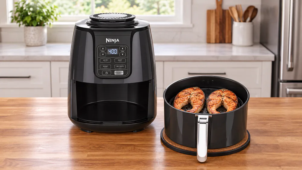 Two salmon steaks in a Ninja AF101 basket.