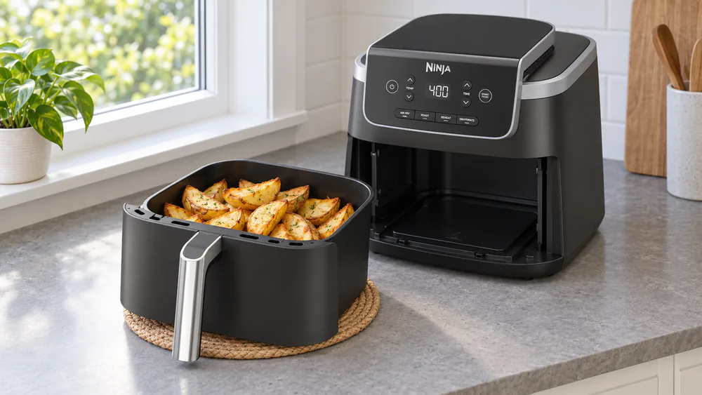 Roast potato wedges in a Ninja Pro 4-in-1 AF141 basket.