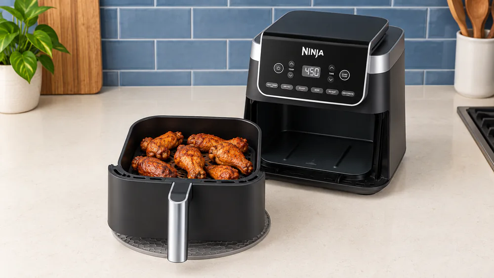 Chicken wings in one layer in a Ninja Pro XL AF181 basket.