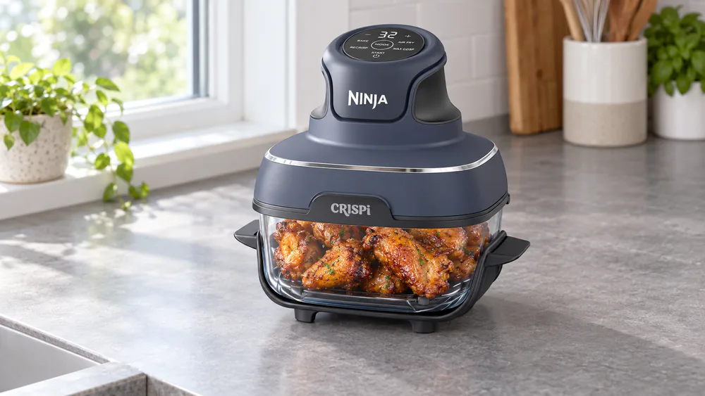 Ninja Crispi pod on a glass container of crispy chicken.