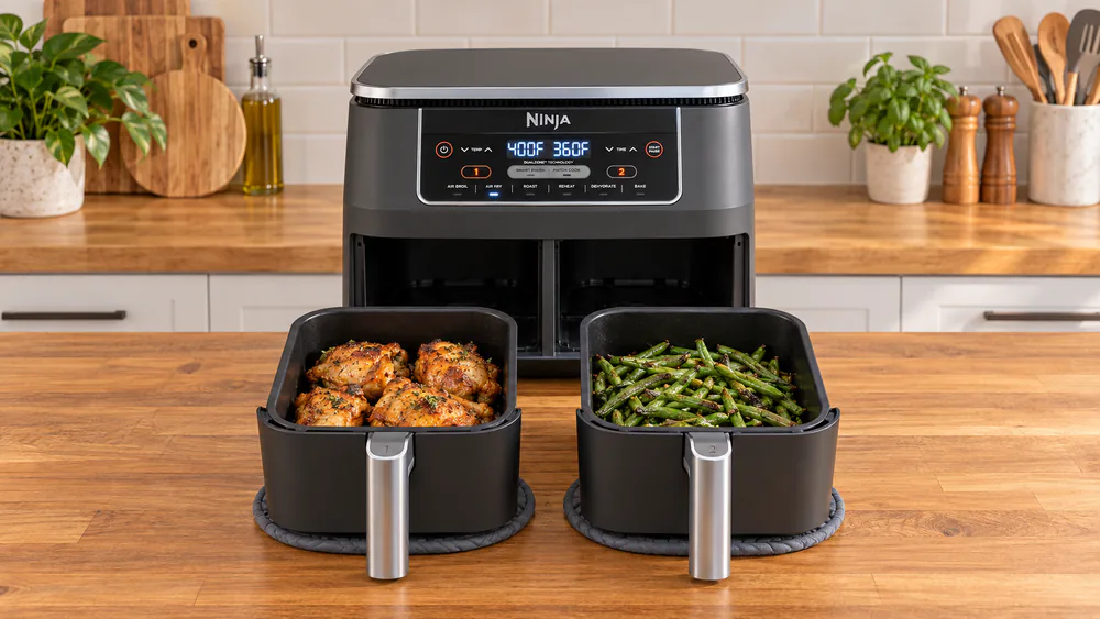 Ninja DZ201 with chicken thighs and green beans in its drawers.