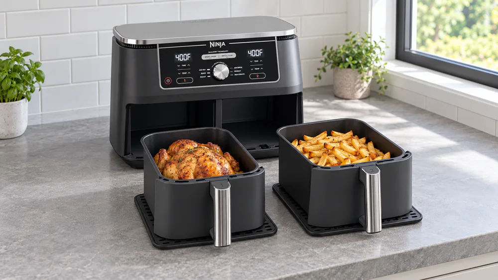 Whole roast chicken and fries in a Ninja DZ401.
