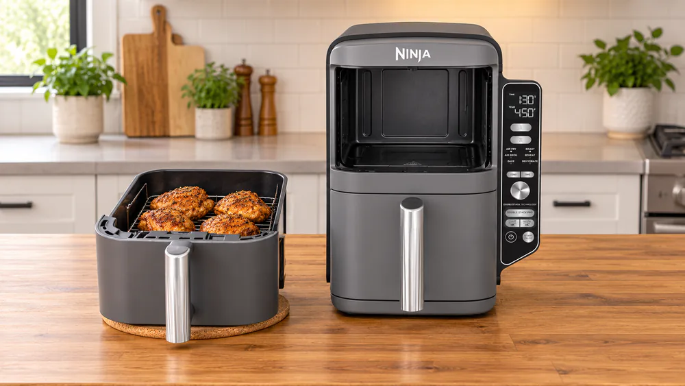 Ninja DoubleStack XL with chicken on its upper rack.