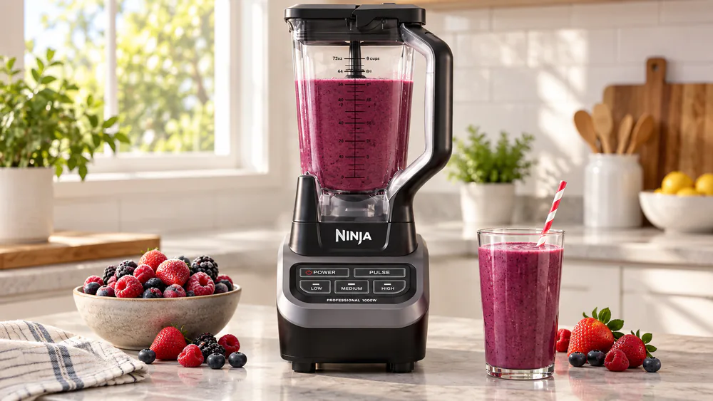 The Ninja BL610 countertop blender with its 72-oz pitcher full of frozen berry smoothie.