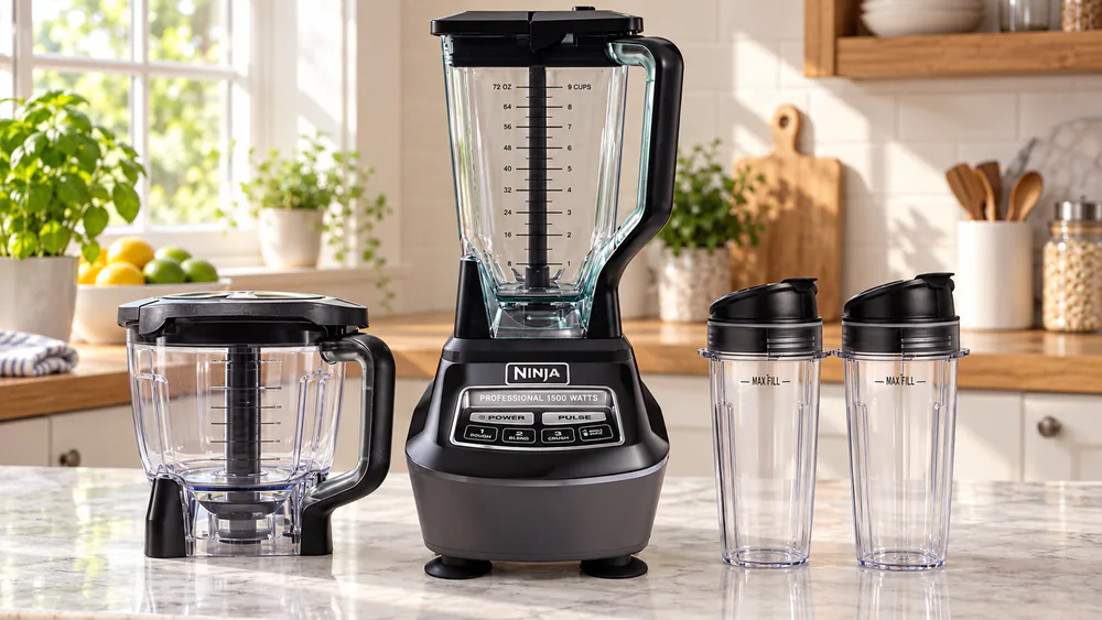 The Ninja BL770 Mega Kitchen System with its 72-oz pitcher, 8-cup processor bowl, and two 16-oz cups lined up on a counter.