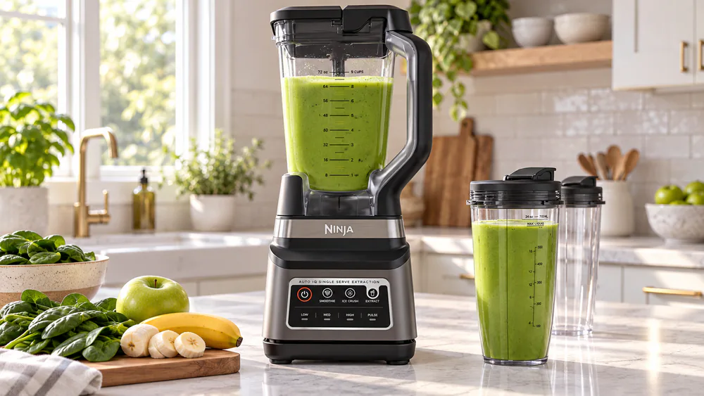 The Ninja BN751 Professional Plus DUO with a full 72-oz pitcher of green smoothie and a 24-oz to-go cup.