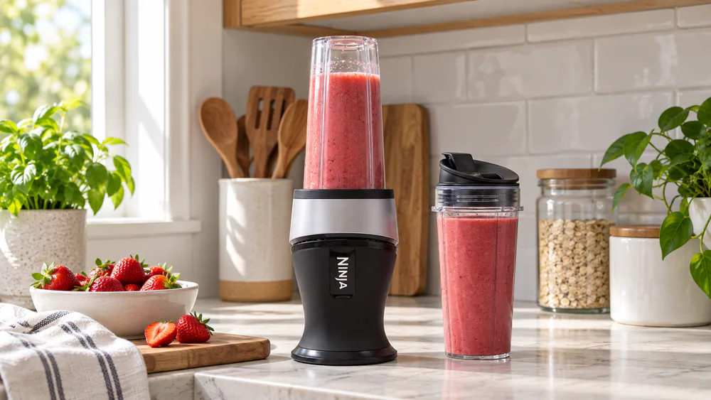 The compact Ninja Fit personal blender with a 16-oz cup of strawberry smoothie on a small counter.