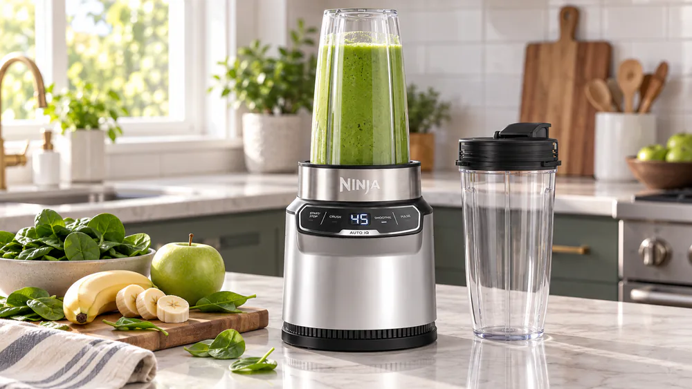 The compact Ninja Nutri Pro BN401 with a 24-oz to-go cup of green smoothie locked into the base.