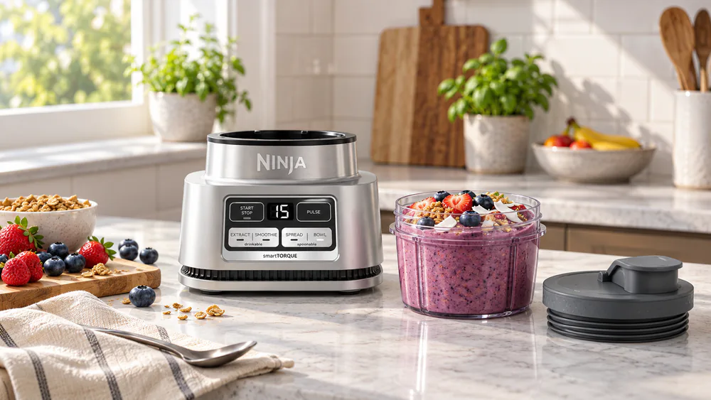 The Ninja SS101 Foodi Smoothie Maker with its 14-oz bowl filled with a thick, spoon-ready berry smoothie bowl topped with granola.