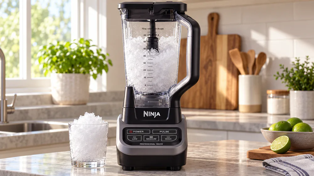 Snow-fine crushed ice in the Ninja Professional Blender BL610's 72-oz pitcher after an eight-second run.