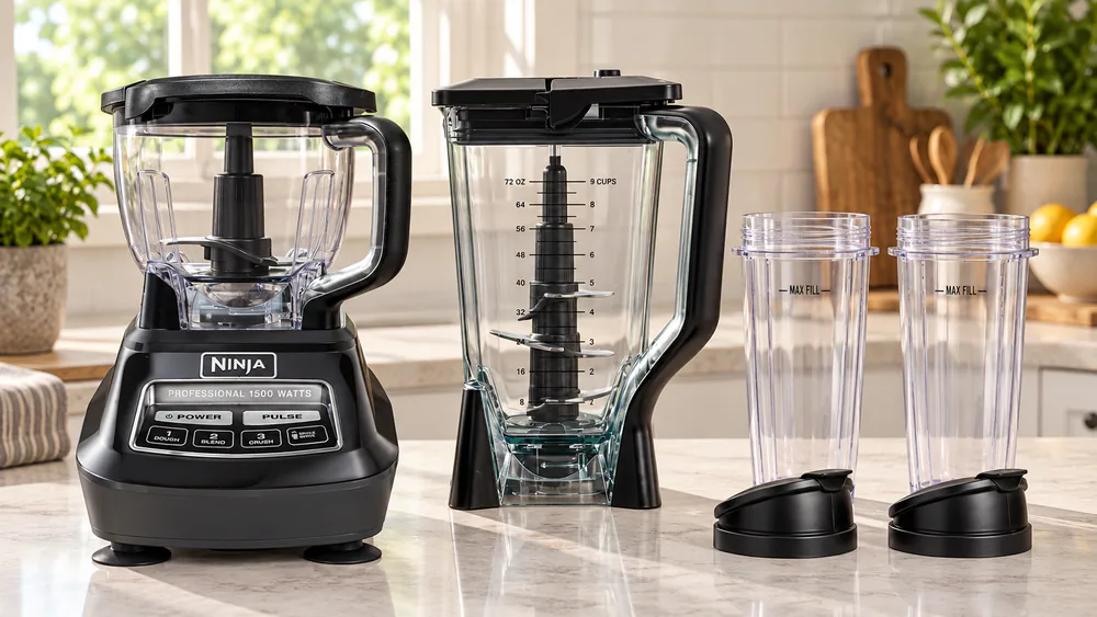 The Ninja Mega Kitchen System BL770's kit on a counter: 72-oz pitcher, 8-cup processor bowl, and two 16-oz Nutri Ninja cups.