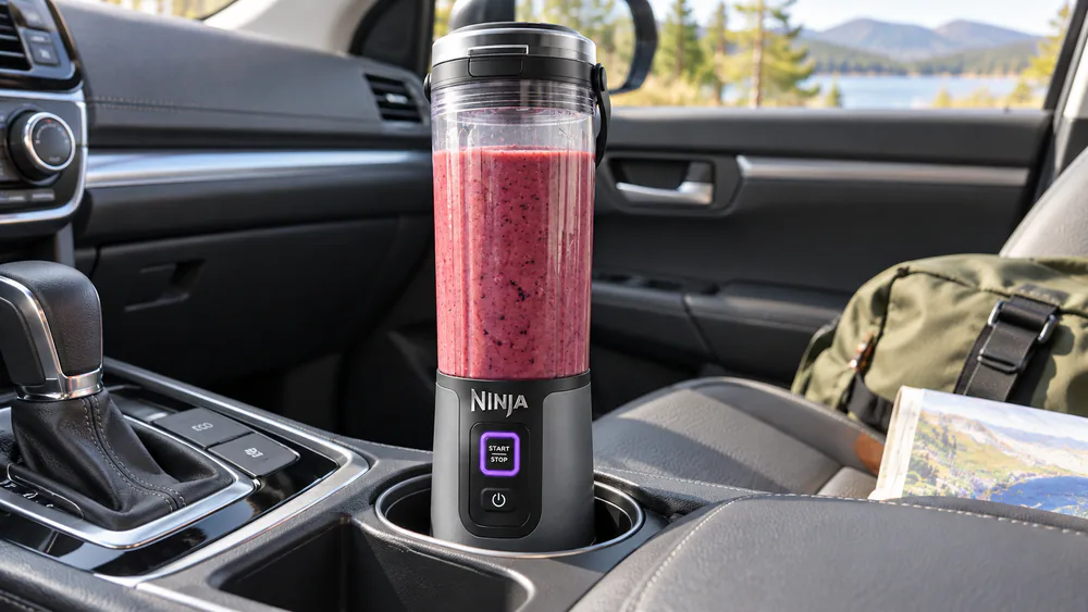 The Ninja Blast BC151 portable blender in a car cup holder with its sip lid on, ready for a to-go smoothie.