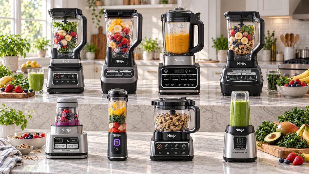 Our test counter with eight Ninja blenders lined up for side-by-side testing, pitchers and to-go cups staged for the smoothie and ice-crush battery.
