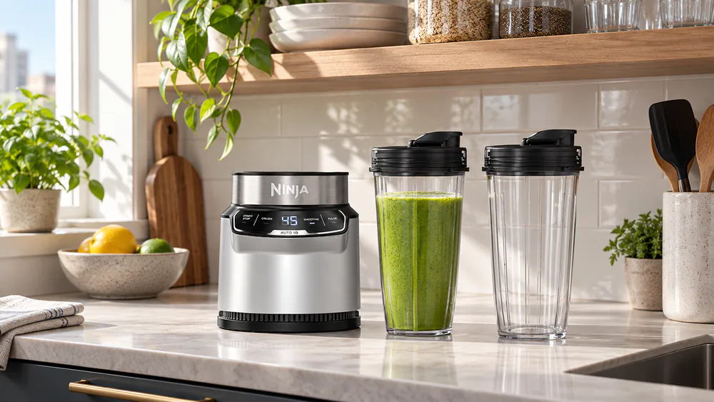The compact Ninja Nutri-Blender Pro BN401 on a small kitchen counter with two 24-oz to-go cups beside it.