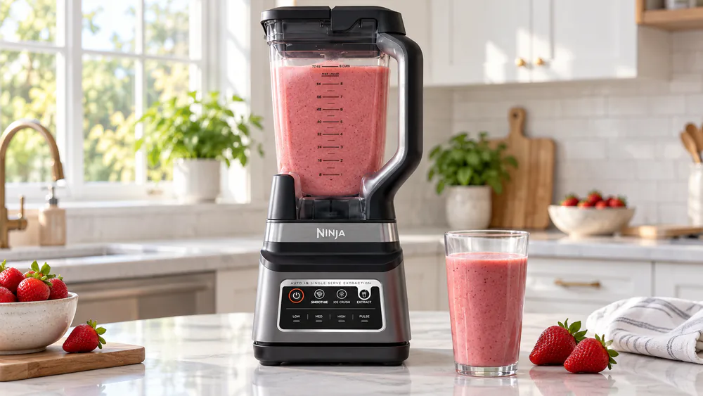 The Ninja BN751 Professional Plus DUO's 72-oz pitcher full of a frozen strawberry smoothie after a morning Auto-iQ run, smooth with no ice chunks.