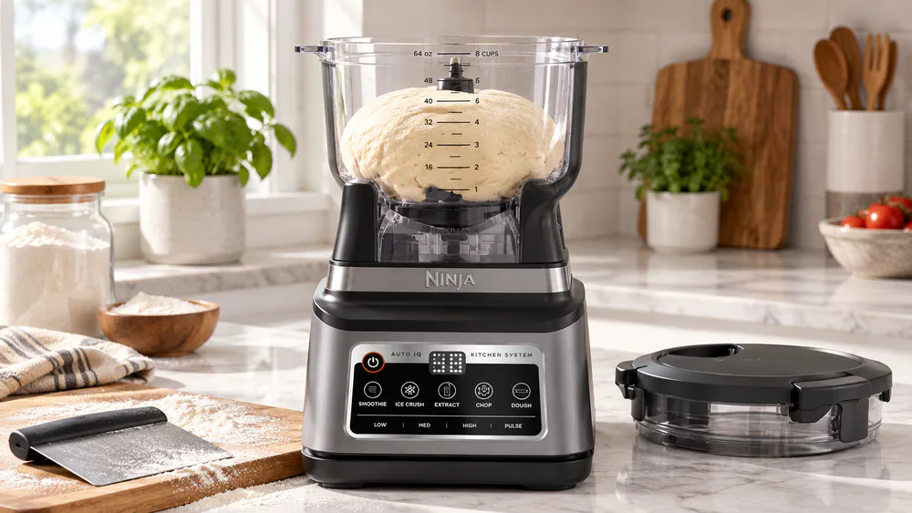 The Ninja Professional Plus Kitchen System BN801's 8-cup processor bowl holding a smooth ball of pizza dough, the dough blade seated at the bottom.