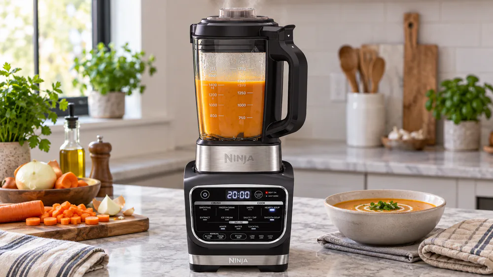 The Ninja Foodi Cold & Hot Blender's glass pitcher full of blended soup mid-cycle, steam rising, the control panel showing a heated program.