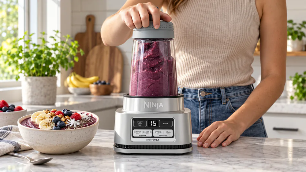 The Ninja Foodi SS101's 14-oz Smoothie Bowl Maker full of a thick acai-style smoothie bowl, the built-in tamper seated in the opening.