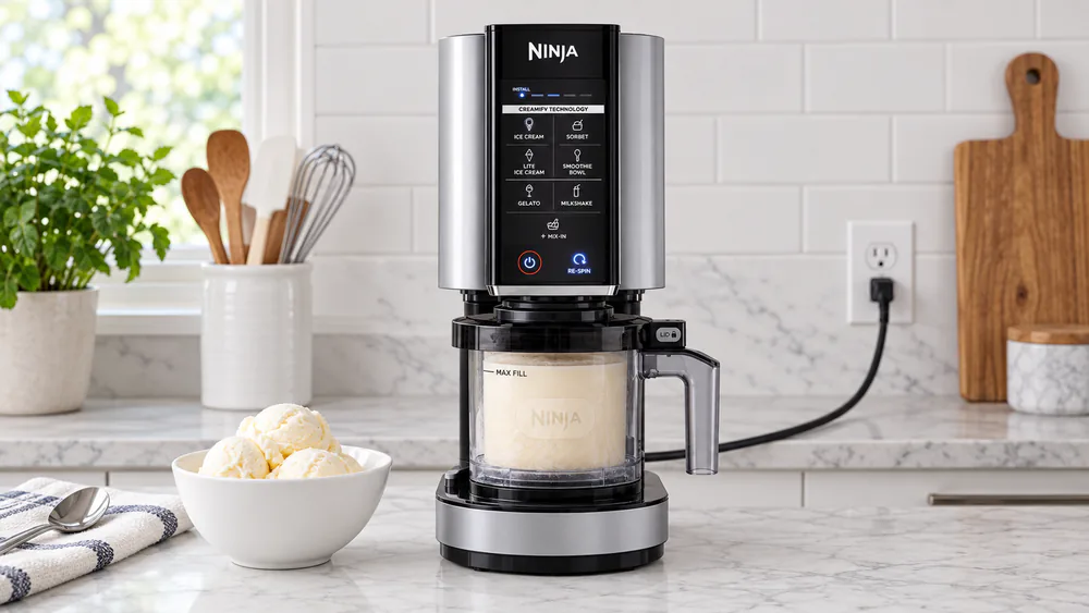 A Ninja Creami NC301 on a kitchen counter mid-spin with a frozen pint locked into the outer bowl, a scoop of finished vanilla ice cream in a bowl beside it.