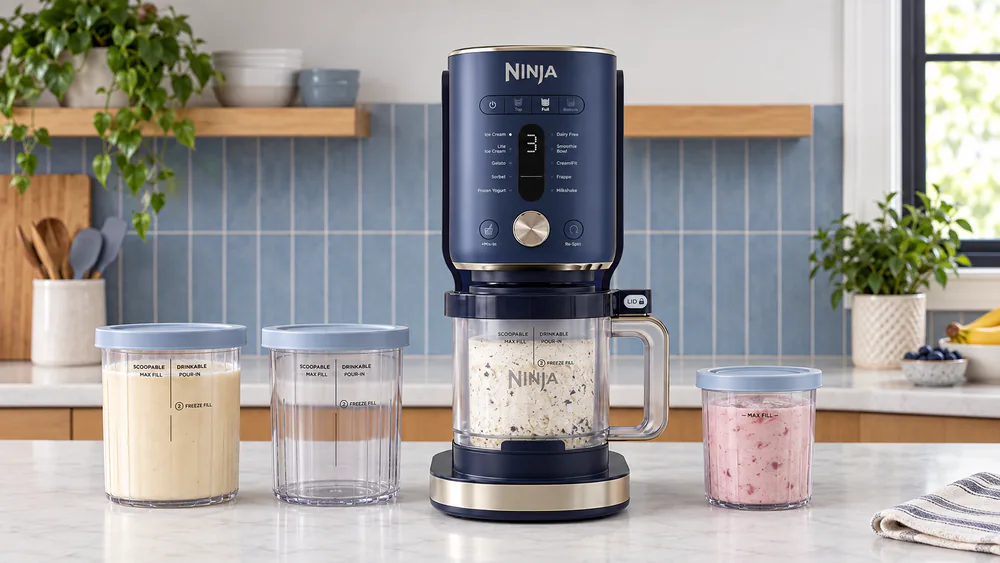 A Ninja Creami XL NC601 beside two 24-oz XL tubs, one filled with a base ready to freeze, next to a standard pint for scale.