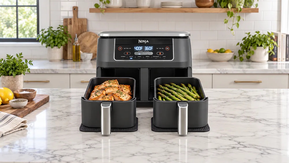 Ninja Foodi DZ201 with both drawers open, salmon fillets in the left basket and roasted asparagus in the right