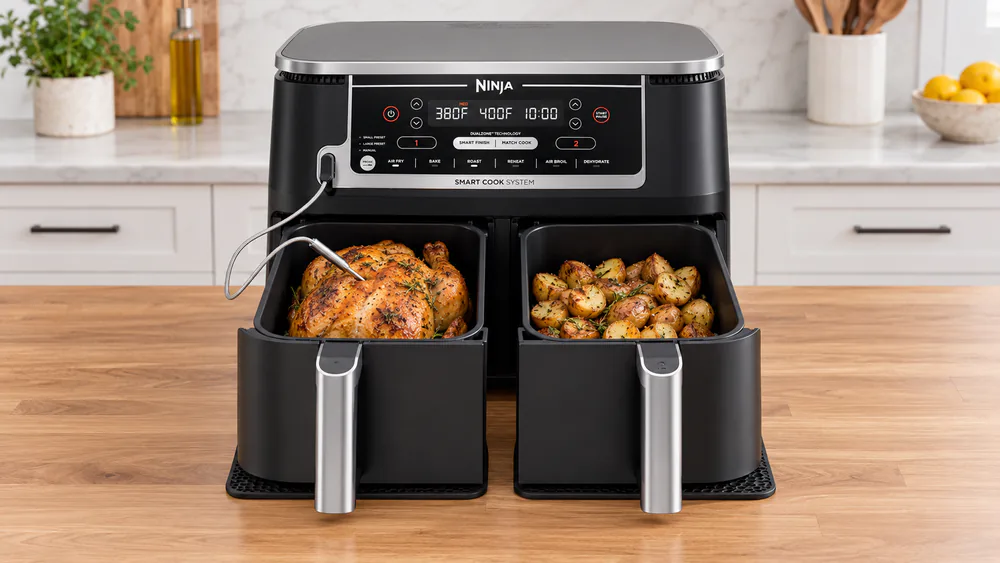 Ninja Foodi Smart Thermometer probe in a whole roast chicken inside one Ninja DZ550 basket, potatoes in the other