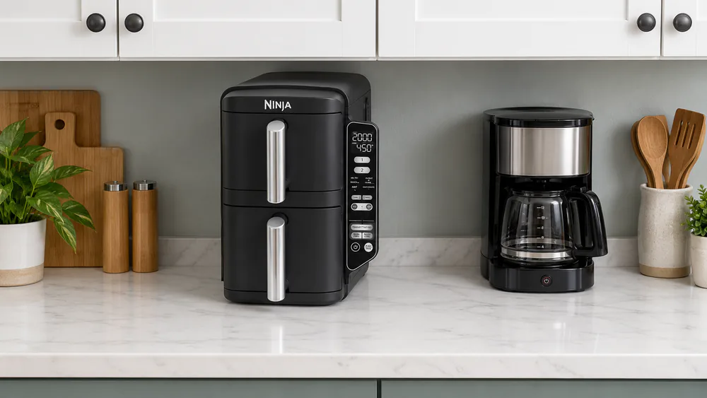 Ninja DoubleStack SL201 stacked air fryer on a narrow apartment counter beside a coffee maker