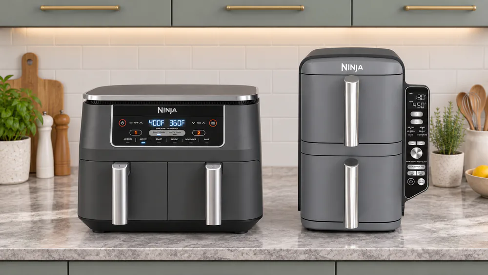 A wide Ninja DualZone air fryer beside a taller, narrower Ninja DoubleStack stacked air fryer under kitchen wall cabinets