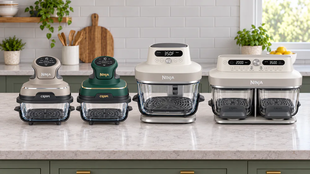 All four Ninja Crispi glass air fryers lined up on a kitchen counter, from the compact 4-in-1 to the wide DualZone.