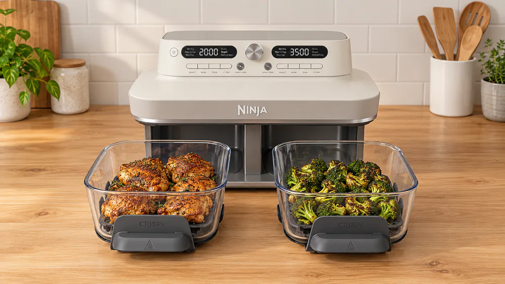The Ninja Crispi DualZone with both glass drawers pulled forward, chicken thighs in one 4-qt container and broccoli in the other.