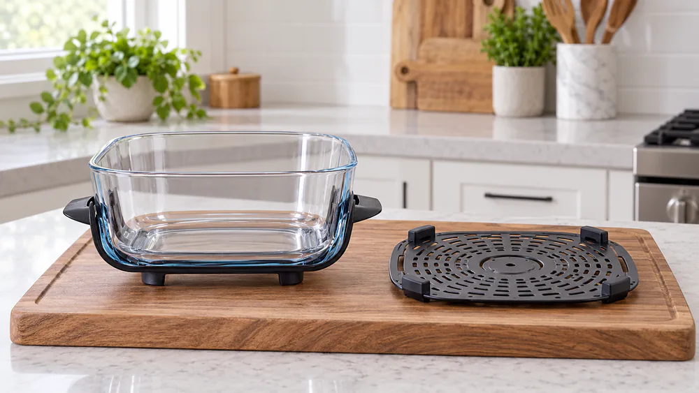 An empty Ninja Crispi borosilicate glass container beside its removed ceramic-coated aluminum crisper plate on a wooden cutting board.