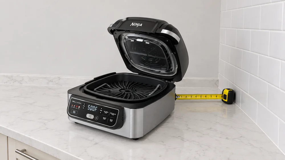 A Ninja AG301 indoor grill with its rear-hinged lid raised and a tape measure showing the clearance needed behind the unit