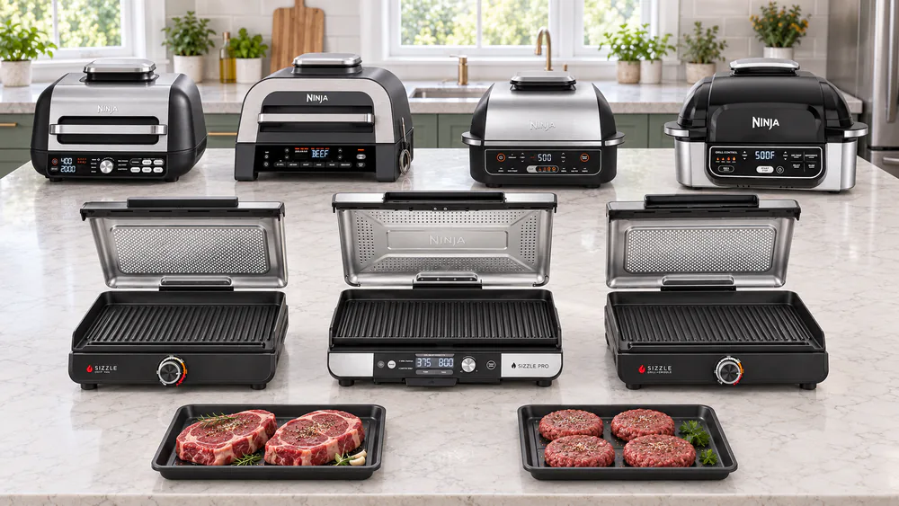 Ninja IG651, DG551, EG201 and AG301 indoor grills lined up on a kitchen counter with steaks and burgers ready to cook