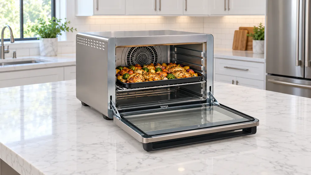 Ninja Foodi XL Pro Air Fry Oven DT201 with its door open on a counter, showing a sheet pan of roasted chicken and vegetables on the middle rack
