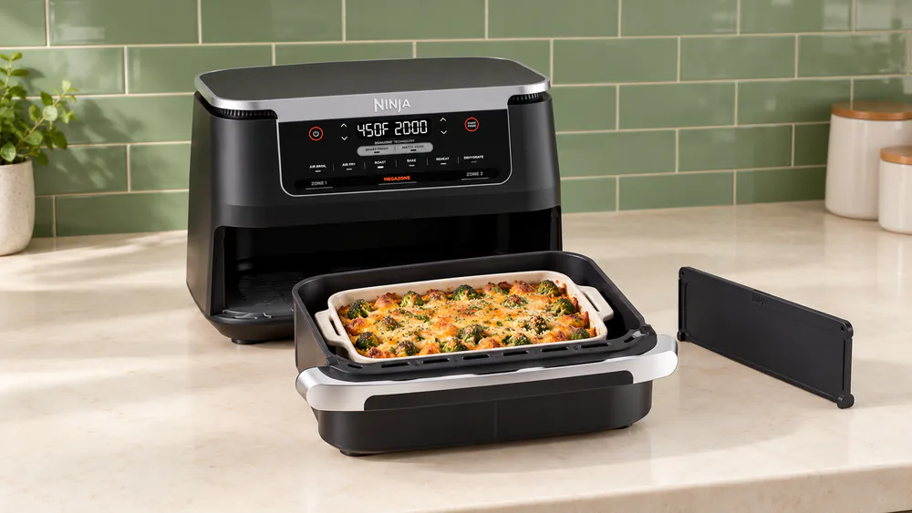 Ninja Foodi FlexBasket MegaZone DZ071 with the divider removed and a casserole dish sitting in the single 7 qt basket