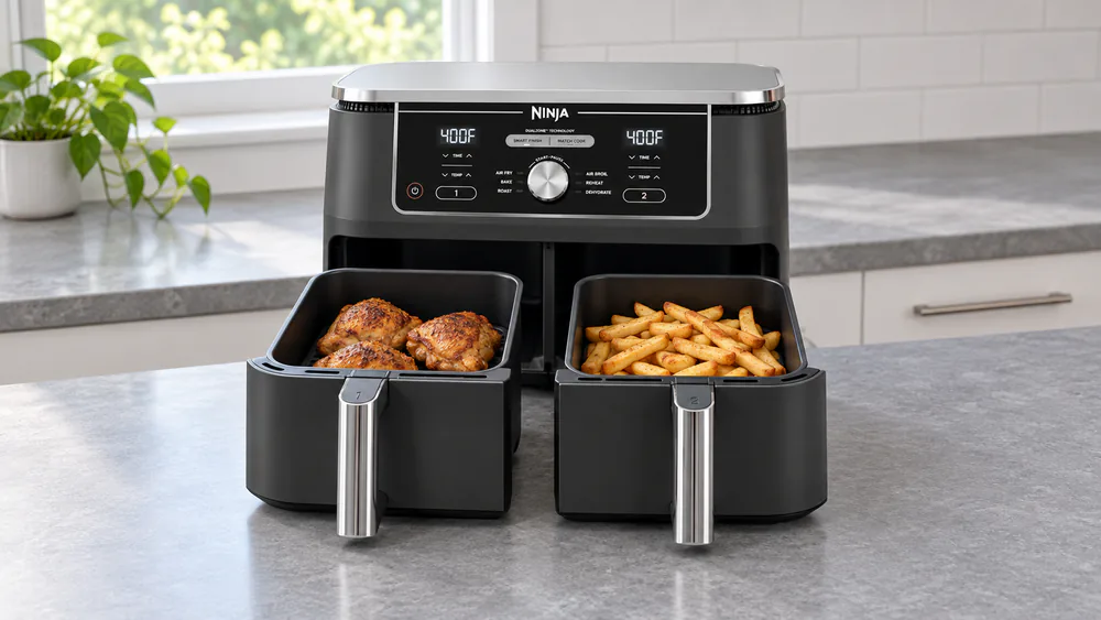 Ninja Foodi DZ401 XL DualZone with both 5 qt baskets open on a counter, holding a family-size batch of chicken thighs and fries