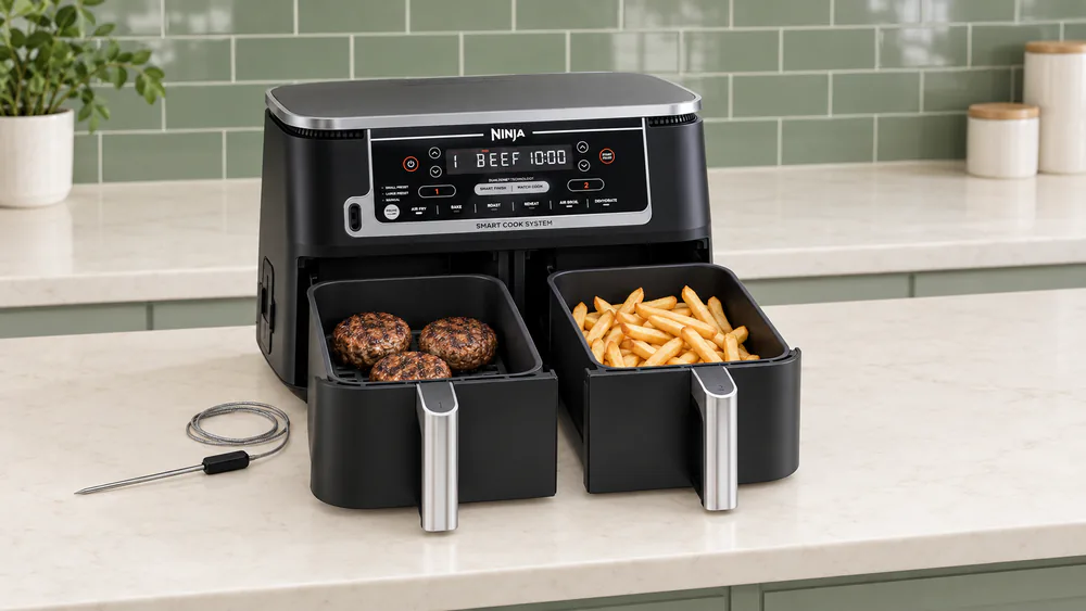 Ninja Foodi DZ550 DualZone Smart XL on a kitchen counter with both baskets pulled out, one holding burgers and the other fries, the Smart Thermometer probe beside it
