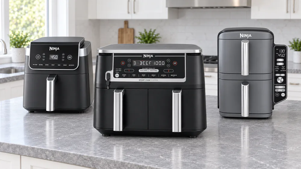 Several large Ninja air fryers lined up on a kitchen counter, a 10 qt dual-basket model in front, a 6.5 qt single basket and a tall DoubleStack behind