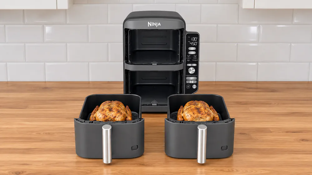 Ninja DoubleStack XL SL401 with its basket pulled out showing two 5 lb roast chickens on the stacked meal racks with crisp golden skin