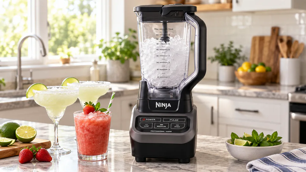 The Ninja BL610's 72-oz pitcher full of crushed ice after a pulse cycle.