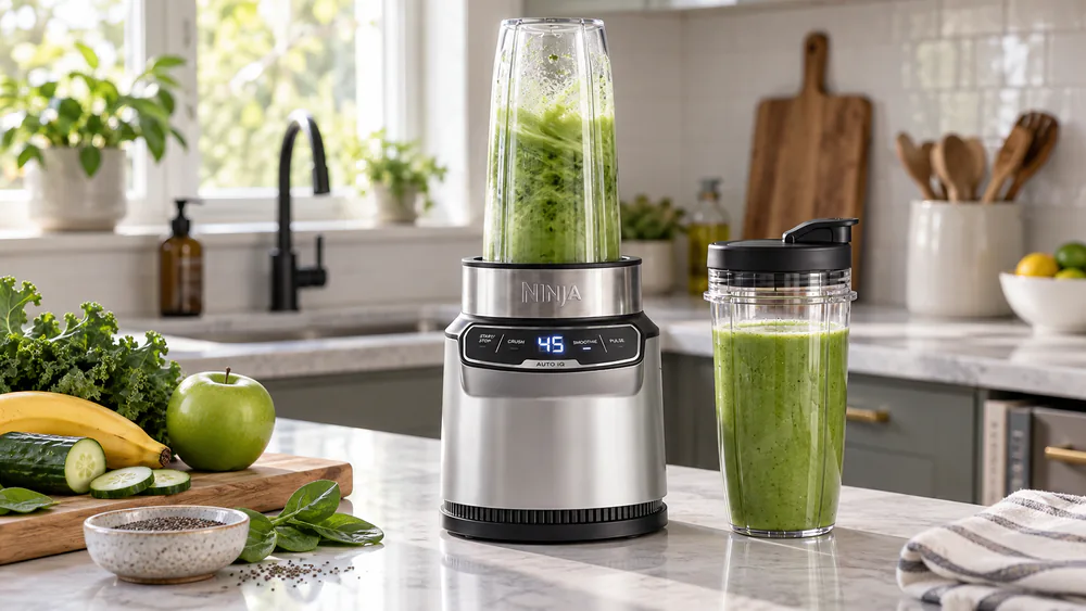 The Ninja BN401 with one 24-oz to-go cup locked onto the base mid-blend and a second cup waiting on the counter.