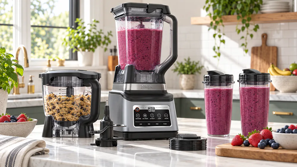 The Ninja BN801's 72-oz pitcher full of frozen berry smoothie after an Auto-iQ run, with the processor bowl and to-go cups beside it.